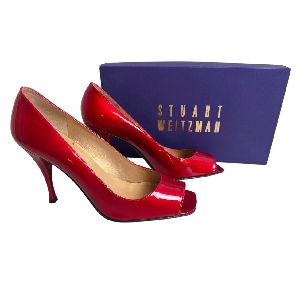 Stuart Weitzman Linda red Quasar patent leather peep toe pumps in box EUC Sz 7.5
